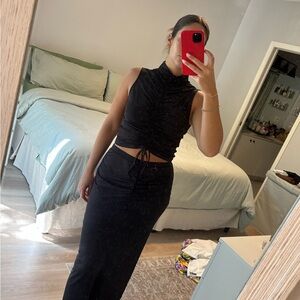 Black Sleeveless Ruched Crop Top and Skirt Set